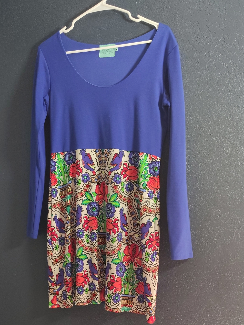 Judith March Royal Blue Long Sleeve Dress Floral Bird Print Dress Size Medium